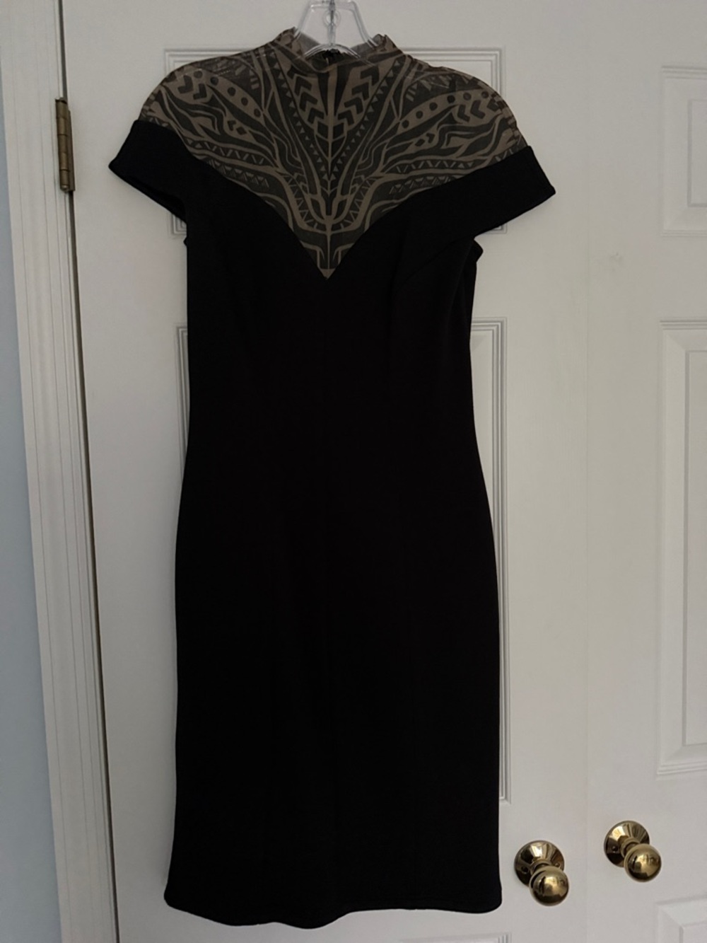 Tadashi Shoji Black Midi Dress with Taupe Patterned Mesh Yoke